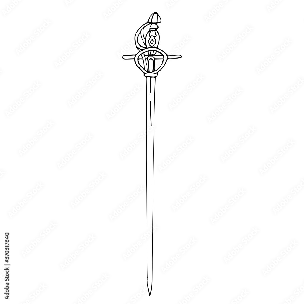 Single antique sword with a figured hilt. The outline drawing of the sword is isolated on a white background. Vector illustration in hand-drawn style. A design or coloring element. Single antique sword with a figured hilt. The outline drawing of the sword is isolated on a white background. Vector illustration in hand-drawn style. A design or coloring element.