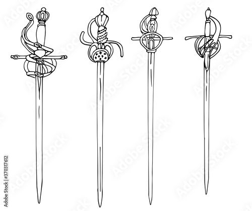 Collection of antique swords with a figured handle. The outline drawing of swords is isolated on a white background. Vector illustration in a hand-drawn style. A design or coloring element.