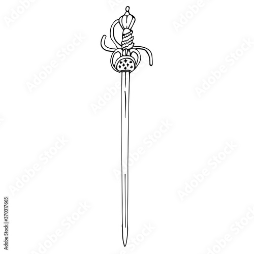 Single antique sword with a figured hilt. The outline drawing of the sword is isolated on a white background. Vector illustration in hand-drawn style. A design or coloring element.