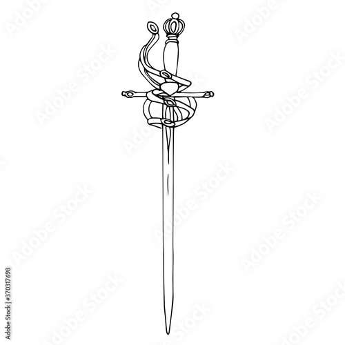 Single antique sword with a figured hilt. The outline drawing of the sword is isolated on a white background. Vector illustration in hand-drawn style. A design or coloring element.
