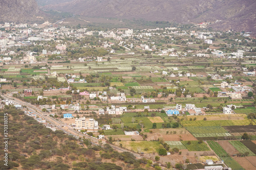 Aerial landscape view of farms near Pushkar town