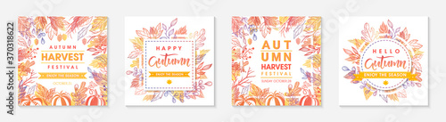 Autumn seasonals postes with leaves and floral elements in fall colors.Greetings and harvest fest posters perfect for prints,flyers,banners,invitations.Trendy fall designs.Vector autumn illustrations