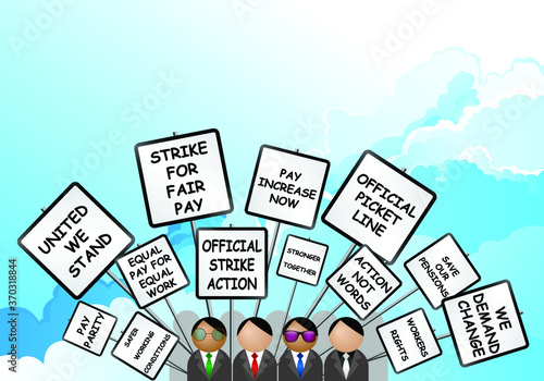 Workers on strike demonstrating with their grievances and demands on placards set against a blue cloudy sky