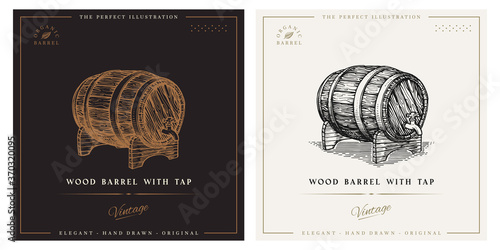 Wood barrel with tap illustration. Hand drawn vintage logo illustration