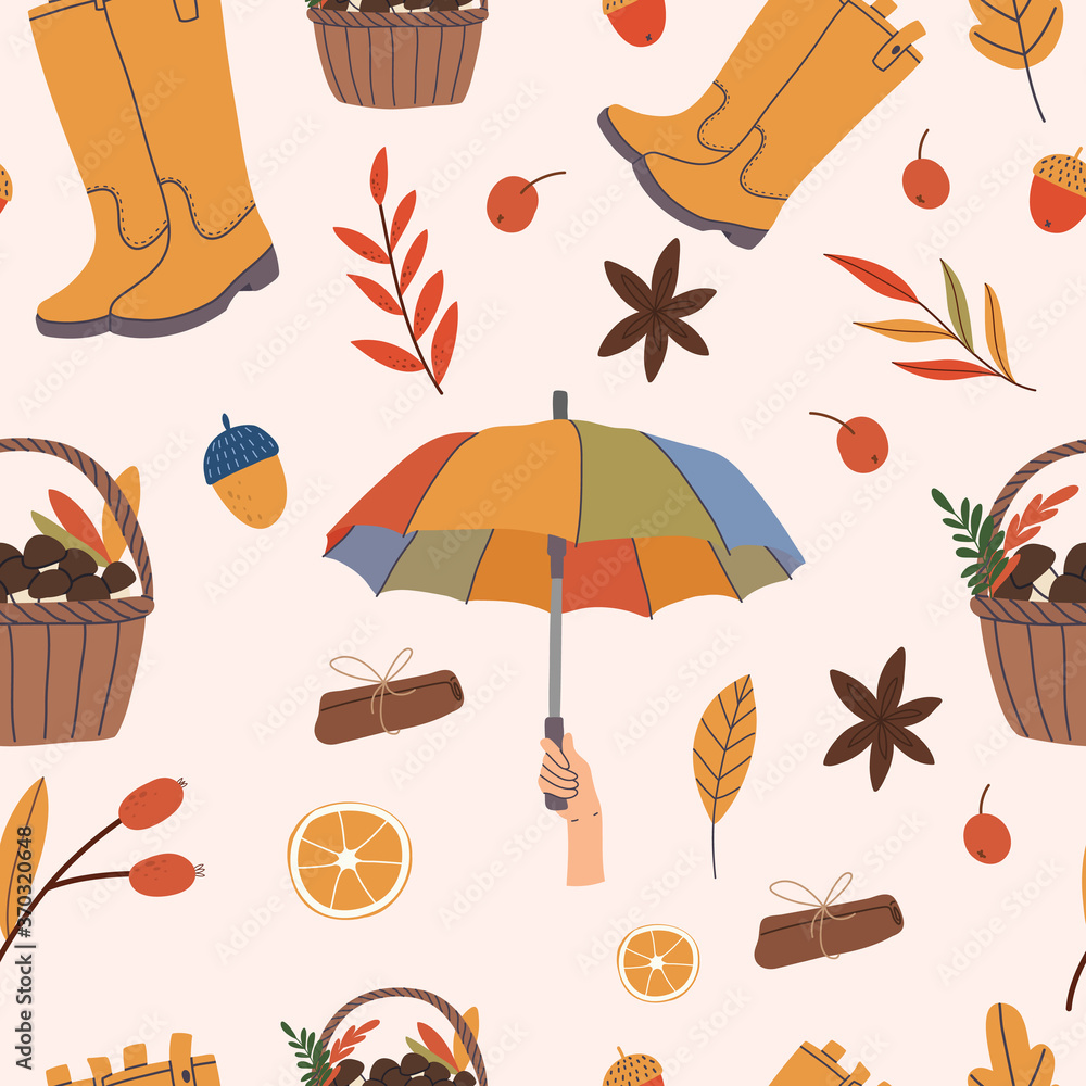 Autumn seamless pattern with rubber boots, mushrooms, umbrella, leaves and spices.Vector hand drawn illustration. Cartoon style. Flat design. Autumn seamless pattern with rubber boots, mushrooms, umbrella, leaves and spices.Vector hand drawn illustration. Cartoon style. Flat design.