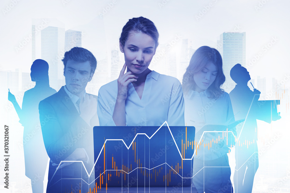 Woman with laptop and her team, graph Woman with laptop and her team, graph