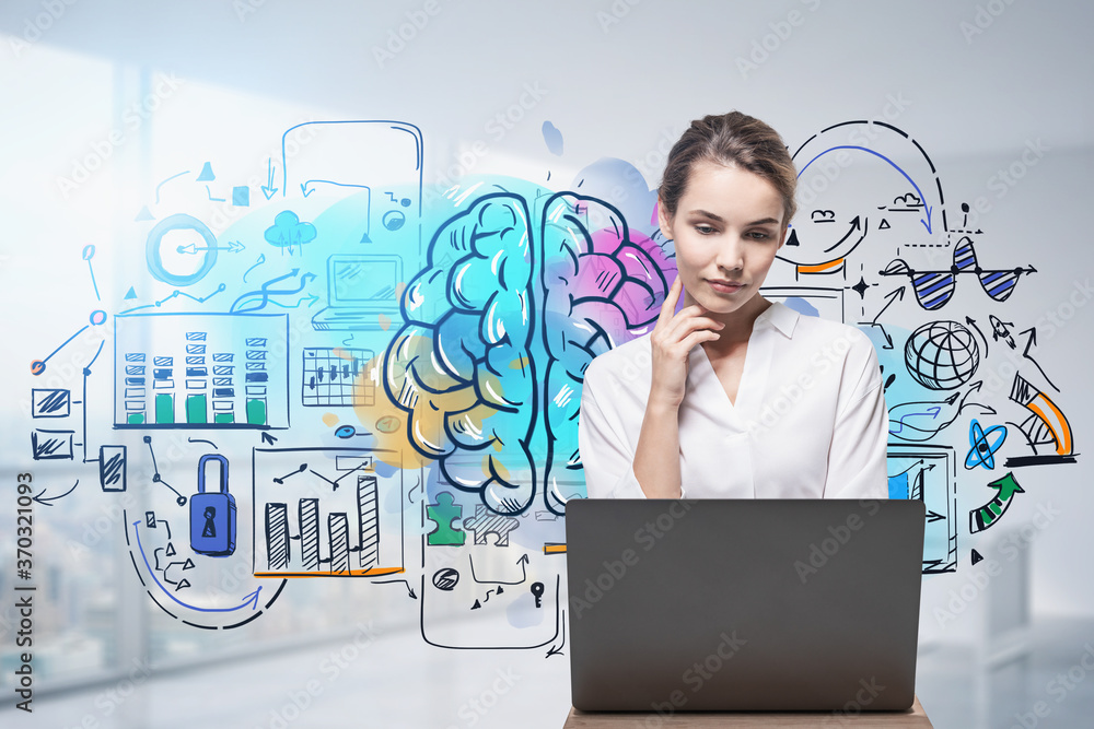 Woman with notebook and brain sketch Woman with notebook and brain sketch