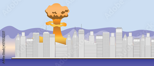 Explosion, fire or terrorist attack and skyscrapers as end of terraism in africa, explosion in beyrute popal, flat vector stock illustration with fire as banner