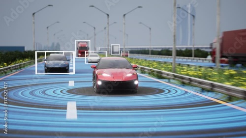 Self driving car on the highway. 3D rendering. photo