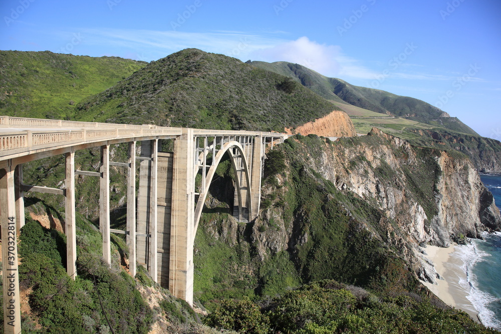 View of Bixby Creek Bridge on Pacific Coast Highway one and Big Sur coastline in California.