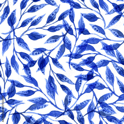 Vector floral seamless pattern with blue watercolor branches and leaves on white background
