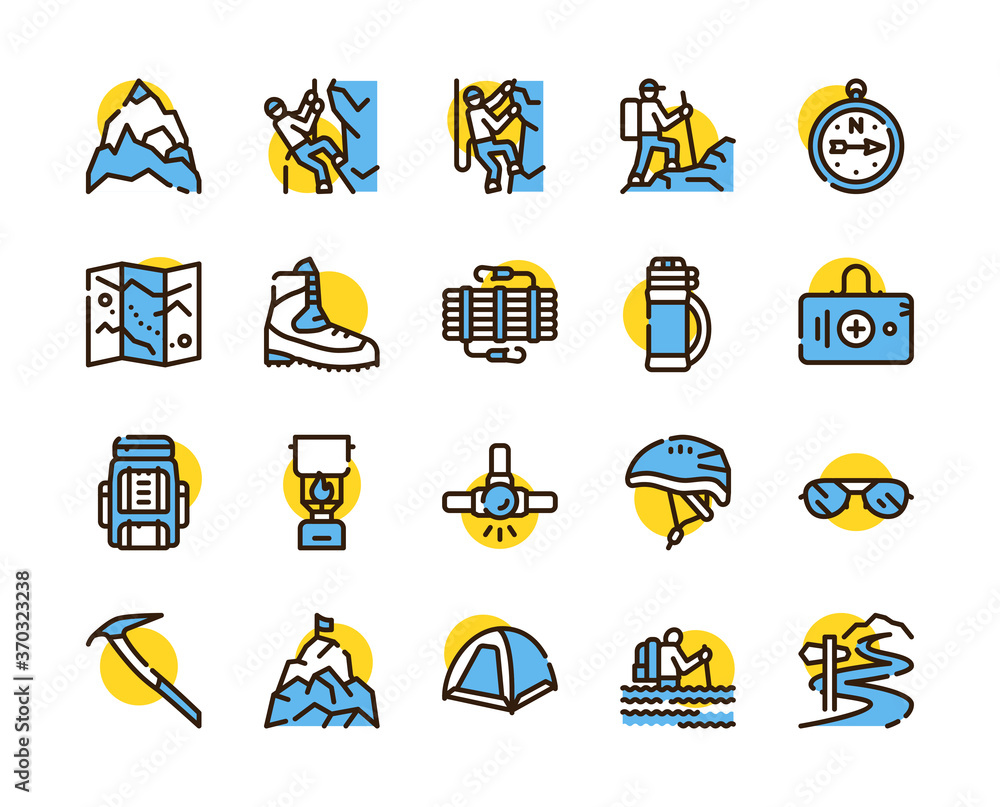 Vector color linear icon set of climbing, hiking - obrazy, fototapety, plakaty 