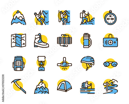 Vector color linear icon set of climbing, hiking