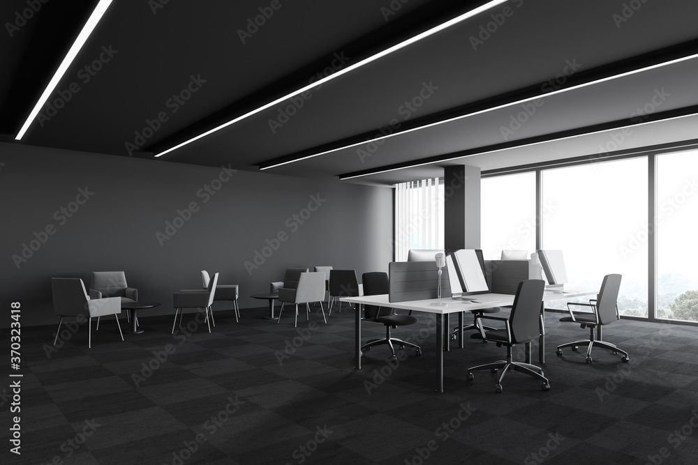 Grey panoramic open space office corner Grey panoramic open space office corner