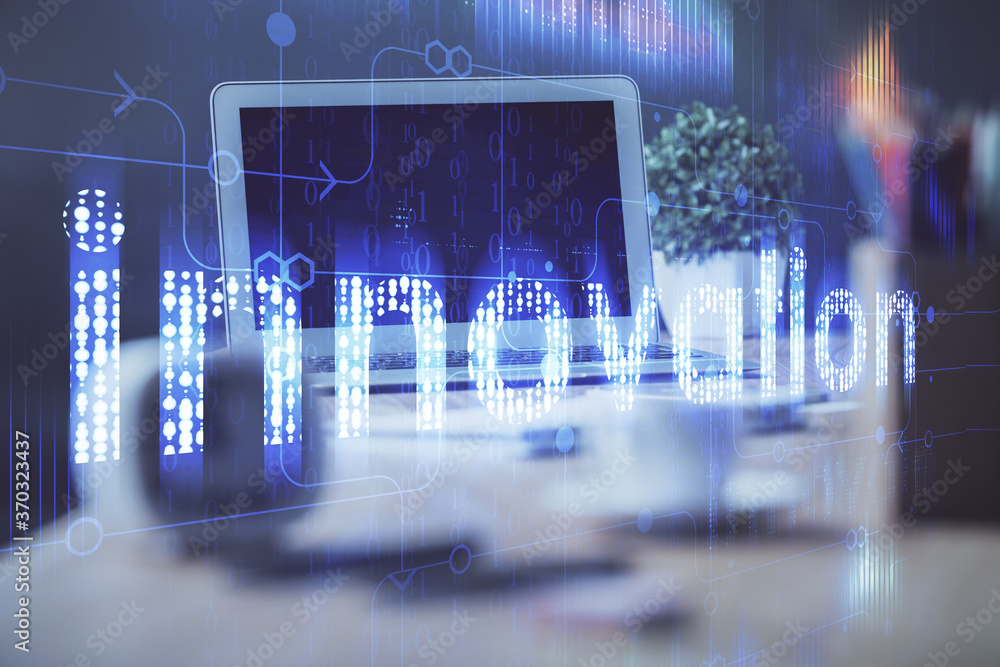 Double exposure of desktop computer and technology theme hologram. Concept of software development. Double exposure of desktop computer and technology theme hologram. Concept of software development.