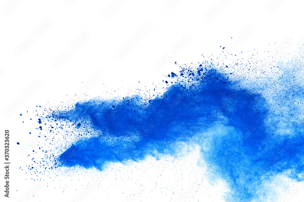 Blue powder particle splash isolated on white  background.
