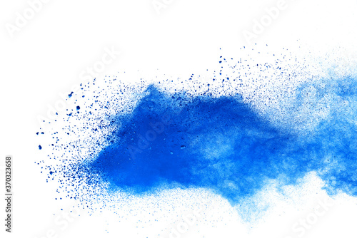 Blue powder particle splash isolated on white background.