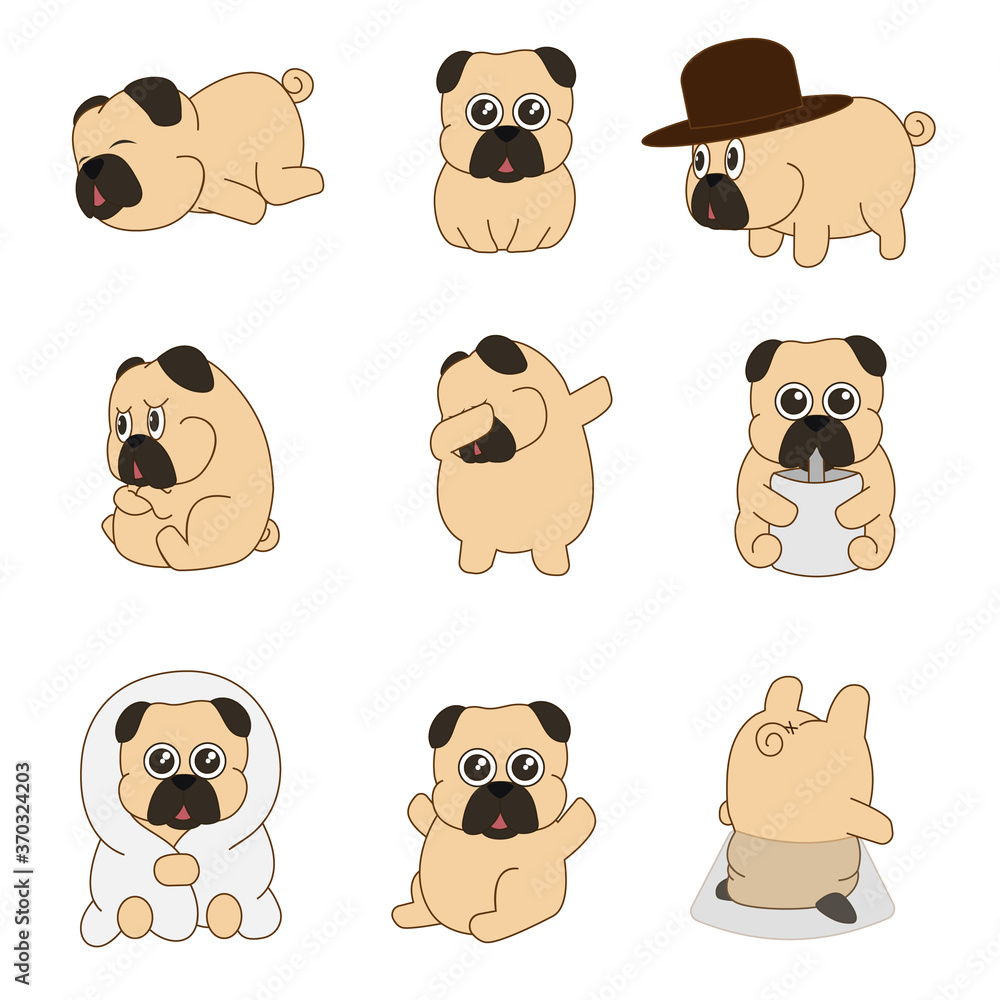 Obraz premium Vector illustration with white background, cute cartoon pug dog with different style
