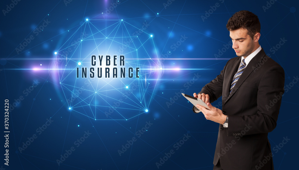 Businessman thinking about security solutions with CYBER INSURANCE inscription Businessman thinking about security solutions with CYBER INSURANCE inscription