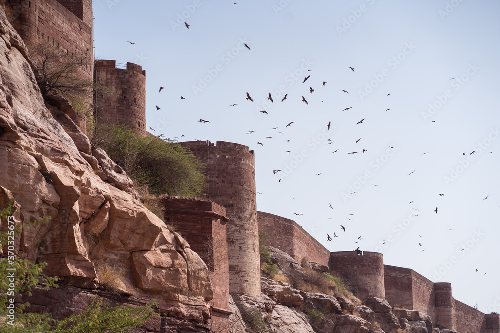 Impressive Mehrangarh fort walls with eagles flying on top