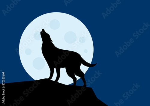 Wolf howling at the full moon silhouette vector. Silhouette of a wolf in the night landscape vector illustration. Halloween background with howling wolf