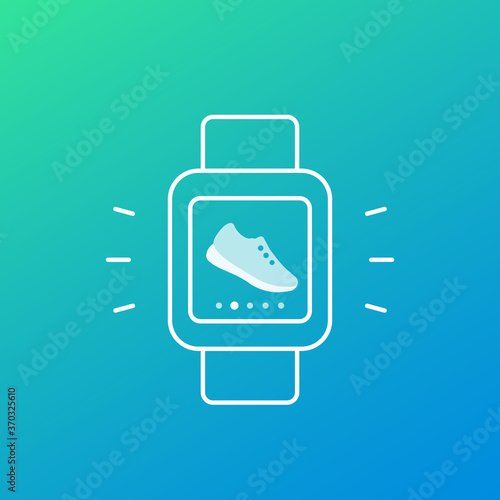 Fitness, running app, pedometer, step counter icon with smart watch