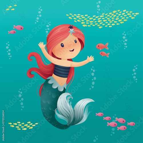 Cute Little Mermaid with Hands Raised with Long Red Hair Smiling and Swiming in the Ocean with Colorful Fish Character Design Vector Illustration Vector Brush Painting Clip Art Cartoon Underwater