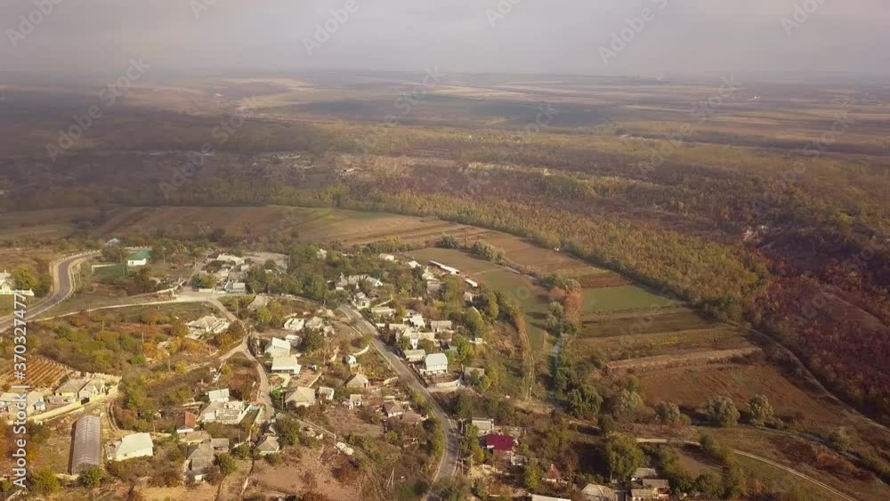 AERIAL Small village in the fog Moldova republic of. AERIAL Small village in the fog Moldova republic of.