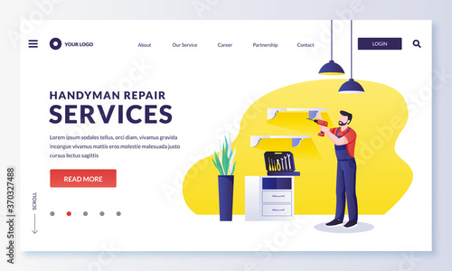 Home works and repair service. Handyman hangs furniture shelf on wall. Vector flat cartoon character worker illustration