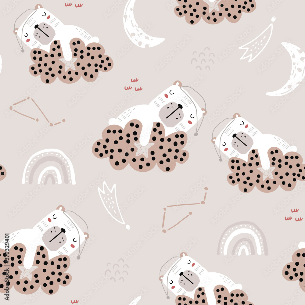 Seamless childish pattern with cute bears on clouds, moon, stars ...