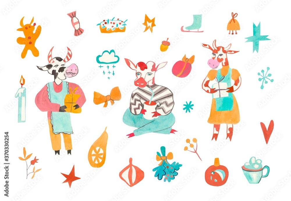Big watercolor set of Christmas elements with bulls.Festive collection in the New Year time.Clip art with bows,gingerbread,sprigs of plants,snowflakes,skates,amela,cocoa.Illustrations for leaflets. Big watercolor set of Christmas elements with bulls.Festive collection in the New Year time.Clip art with bows,gingerbread,sprigs of plants,snowflakes,skates,amela,cocoa.Illustrations for leaflets.