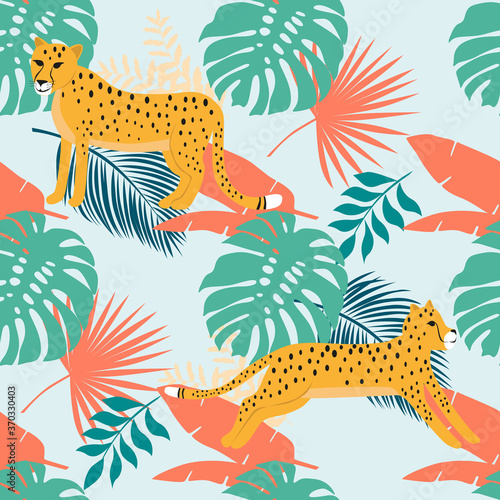 Vector seamless pattern with leopards and tropical leaves. 