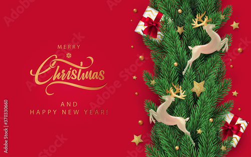 Christmas and New Year greeting cards with xmas decoration. Winter Holiday Poster or banner design in modern realistic style with fir branches, gift boxes, christmas tree toys deer and stars
