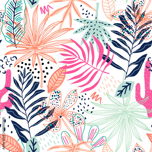 Seamless tropical pattern with hand drawn plants, leaves, flowers. Jungle summer background. Perfect for fabric design, wallpaper, apparel. Vector illustration