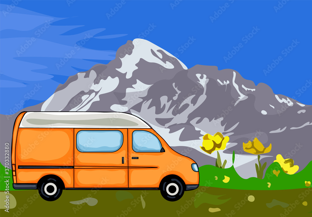 Orange van with mount Kazbek in the background, yellow flowers in the foreground, Georgia. Vector Illustration. Orange van with mount Kazbek in the background, yellow flowers in the foreground, Georgia. Vector Illustration.