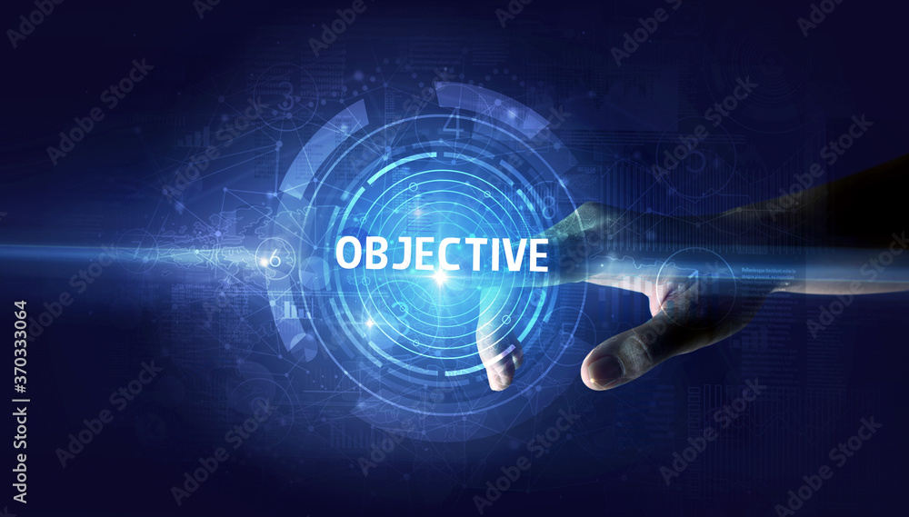 Hand touching OBJECTIVE button, modern business technology concept Hand touching OBJECTIVE button, modern business technology concept