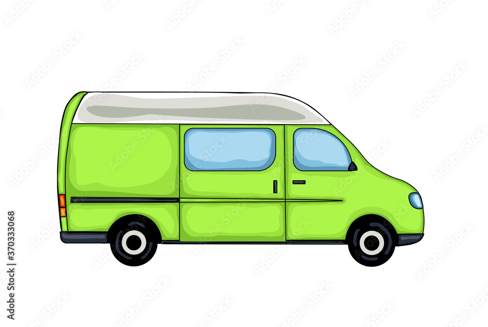 Light green hand drawn van, isolated on white background. Vector Illustration.