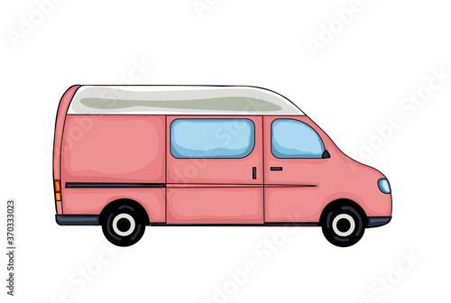 Pink hand drawn van  isolated on white background. Vector Illustration.