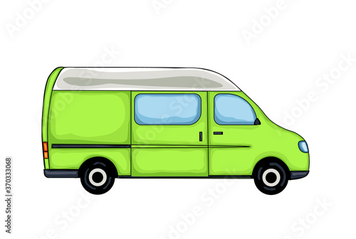 Light green hand drawn van, isolated on white background. Vector Illustration.