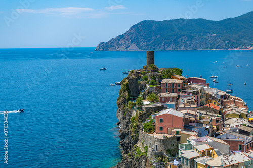 view of the bay and a castle in Cinque Terre