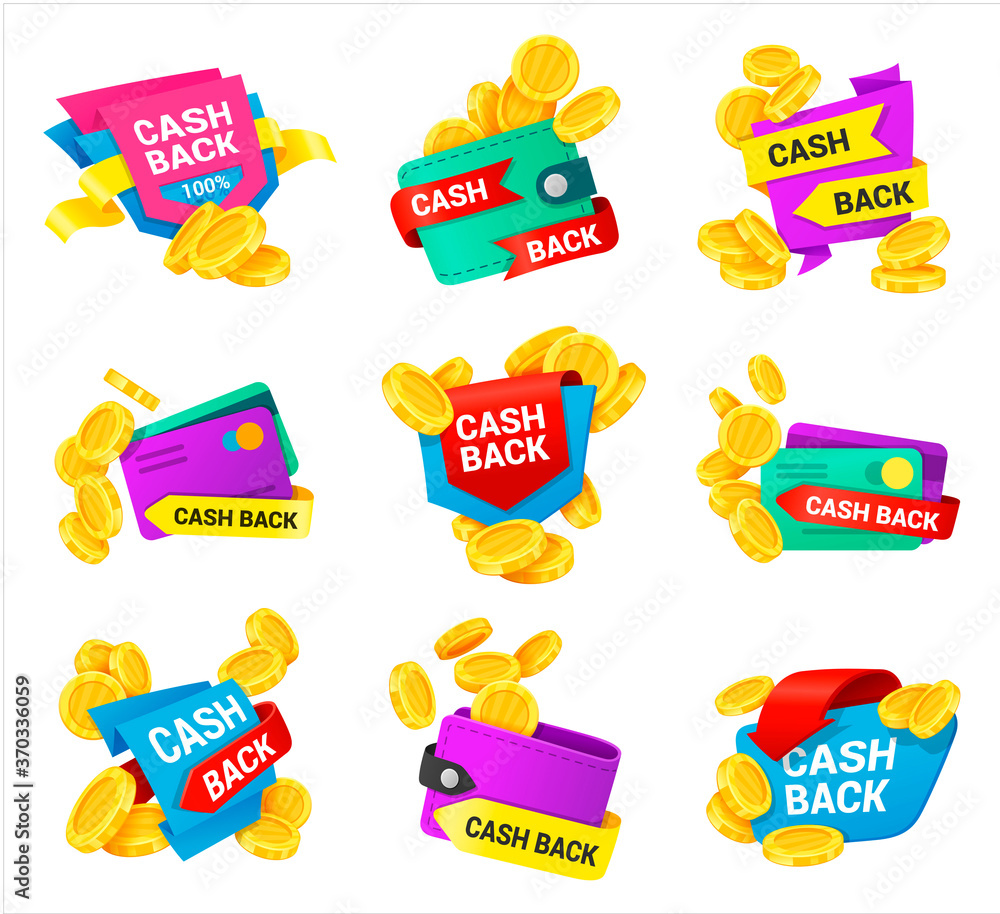 Cash back icons set with wallet, coins, bank card, arrows. Money refund label. emblem, sticker. Cash back icons set with wallet, coins, bank card, arrows. Money refund label. emblem, sticker.