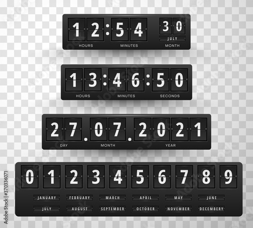 Countdown timer realistic set. Departure airport board, schedule. Flip scoreboard. Digital calendar.