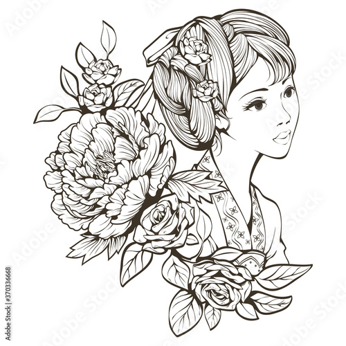 Vector illustration of ancient chinese girl and flowers line art isolated on white background, Black and white, This design for publication, decoration, sticker, pattern, and more.