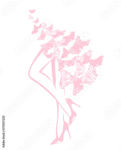 vector outline of slim female legs wearing high heeled stiletto shoes among flying butterflies