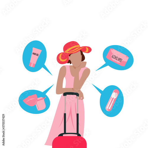 Cartoon vector illustration flat design in front of beautiful girl wearing pink dress , is standing, foot chin by left hand  and Red suitcases, thinking hand gel, alcohol paper wipes ,face mask shield