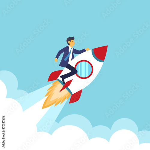 Businessman riding on rocket flying to the sky. Company mission for successful business. Startup concept in flat design.