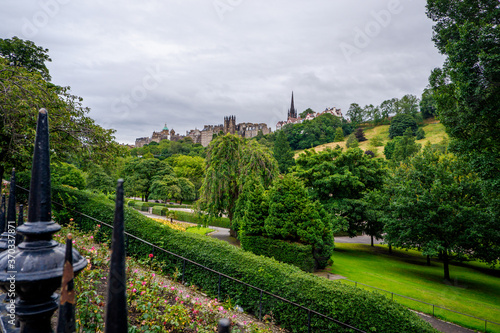 Wide angled view of the famous Princes Street gardens in Edinburgh Scotland