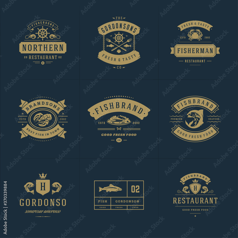 Seafood logos or signs set vector illustration fish market and ...