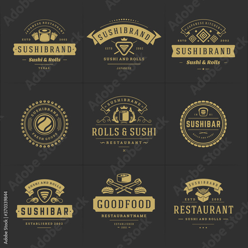 Sushi restaurant logos and badges set japanese food with sushi salmon rolls silhouettes vector illustration