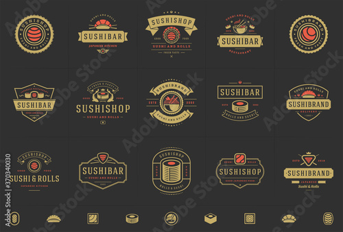 Sushi restaurant logos and badges set japanese food with sushi salmon rolls silhouettes vector illustration